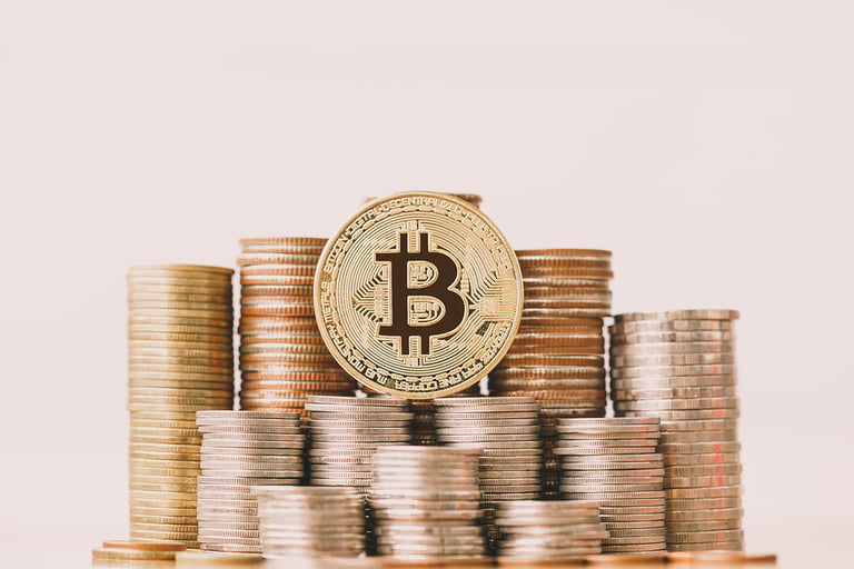 bitcoin Bitcoin(BTC) coin on coins stack. virtual cryptocurrency mining. bitcoin revolution. Money laundering bitcoin concept. Blockchain technology.