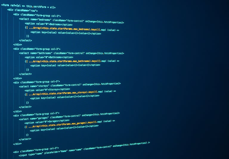 Javascript lines of code for website application. Script language for software development. Source code. React Coding. Frontend code