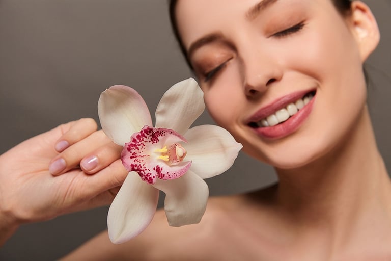 People, dehydration, skin care and beauty concept. Beautiful girl with orchid flowers. Beauty Model Woman Face. Perfect skin. Professional makeup. Beautiful woman face close up portrait hands on skin.