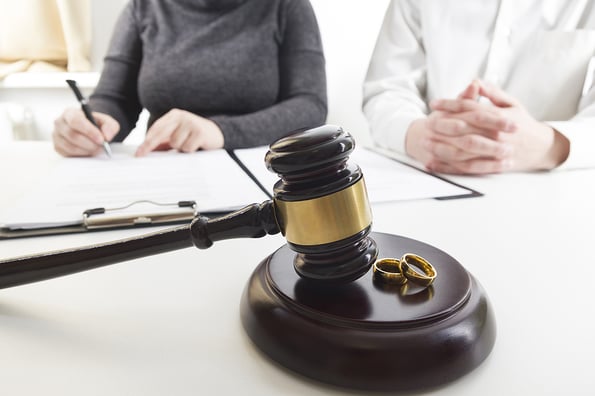 Divorce concept. Hands of wife, husband signing decree of divorce, canceling marriage, legal separation documents.
