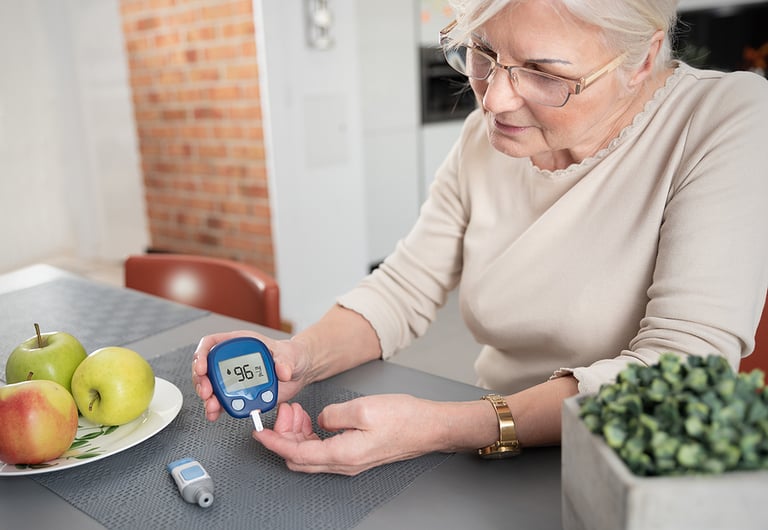 Senior woman with glucometer checking blood sugar level at home. Diabetes, health care concept
