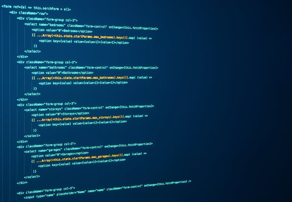 Javascript lines of code for website application. Script language for software development. Source code. React Coding. Frontend code
