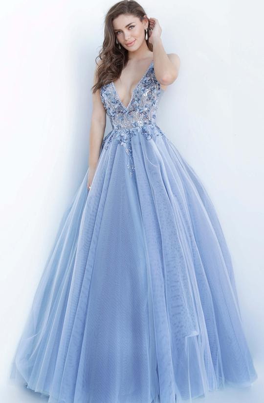 Floral Applique Jovani Ballgowns with Deep V-Necklines