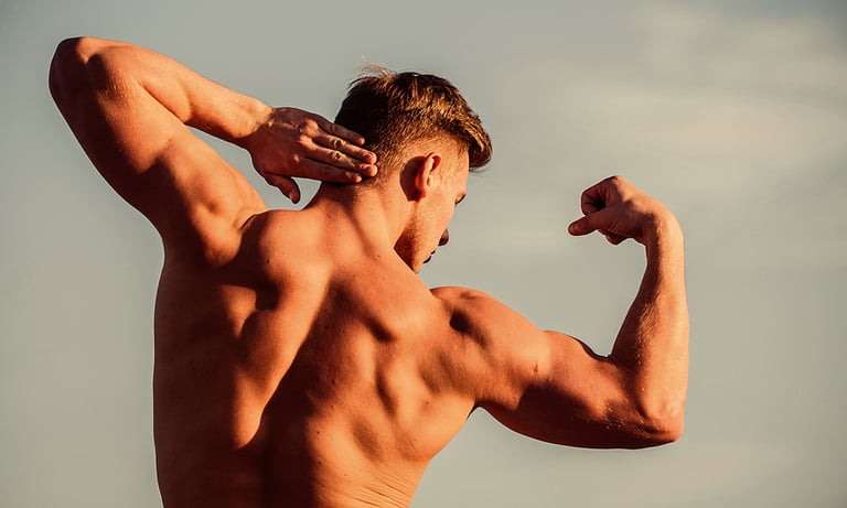 bodybuilding Bigger muscles grow. Increase overall muscle mass. Man muscular chest naked torso sky background. Man muscular athlete bodybuilder show muscles.