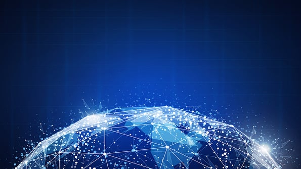 Blockchain technology futuristic hud background with world map and blockchain peer to peer network. Global cryptocurrency blockchain business banner concept.