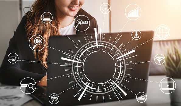 SEO - Search Engine Optimization for Online Marketing Concept. Modern graphic interface showing symbol of keyword research website promotion by optimize customer searching and analyze market strategy.