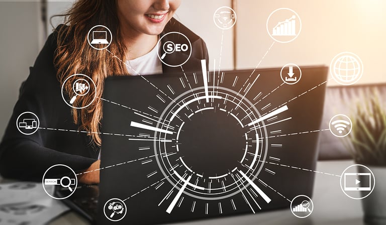 SEO - Search Engine Optimization for Online Marketing Concept. Modern graphic interface showing symbol of keyword research website promotion by optimize customer searching and analyze market strategy.