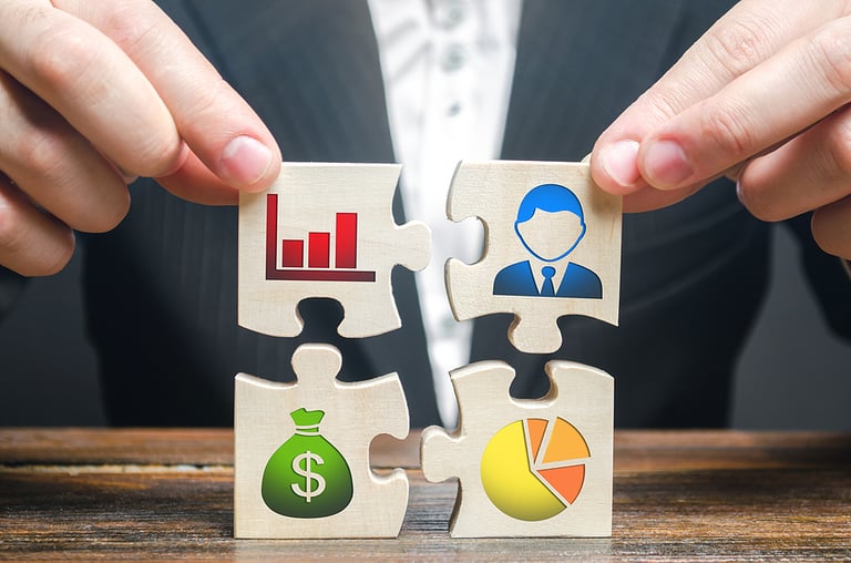 planning, A businessman collects puzzles symbolizing individual elements and attributes of doing business. Organization of the process, the creation of a business model. Project management. Good planning,