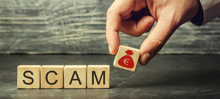 Businessman puts wooden blocks with the word Scam. Fraudulent investment project. Illegal plan to get money. Cheating people. Raw deal. Financial Pyramide. Hacker attack