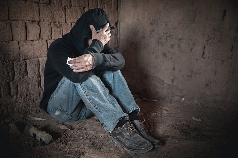 Drug addict man sleeping after using different types of drugs. Overdose of drugs. No to drugs concept.