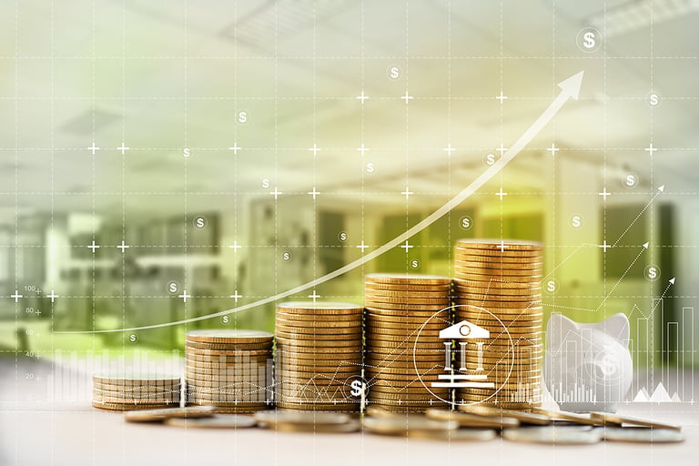 Financial and banking / Finance and business concept: Arrange rows of increasing coins and graph growth business investment on workplace background. depicts investing money for earning growth.
