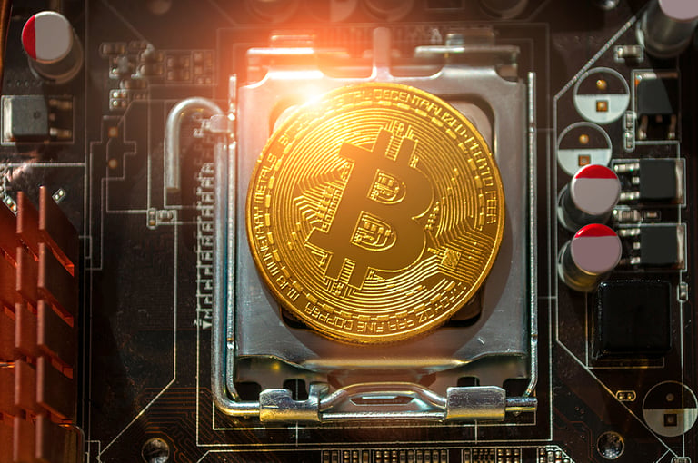 Golden bitcoin among the electronic computer components, business concept of bitcoin digital cryptocurrency. Blockchain technology composition, bitcoin mining concept