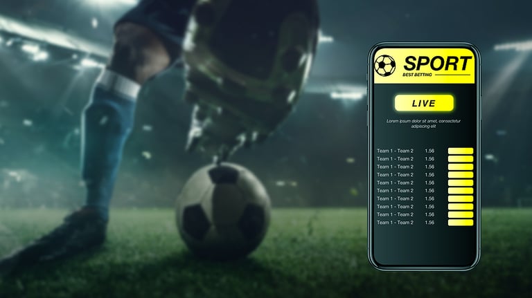 betting. Smartphone screen with mobile app for betting and score. Device with match results on screen, sportsman on background during match. Gambling, betting, sport, finance, modern technologies concept.