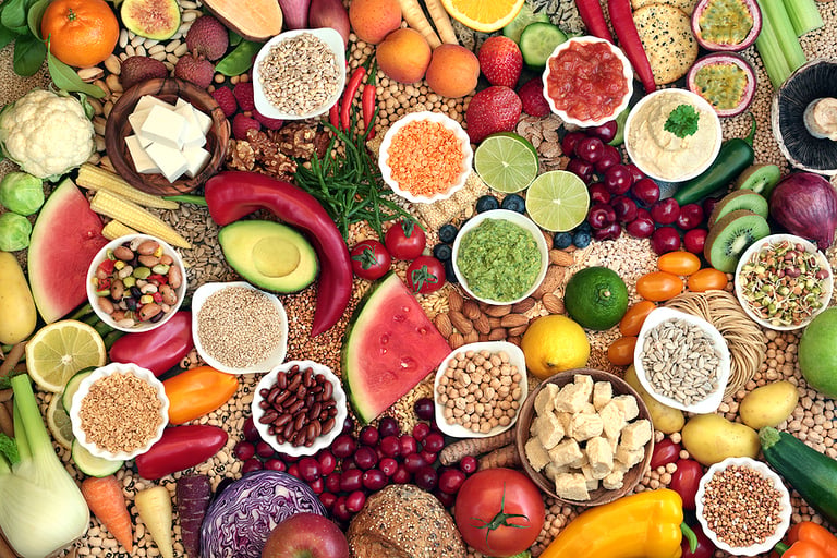 Large vegan health food collection with foods hgh in protein, vi
