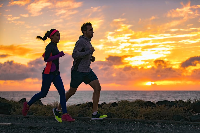 Running people training cardio together active friends jogging in early morning dawn sunrise on beach. Run fit couple runners woman and man running outdoor. Silhouettes of two athletes working out.