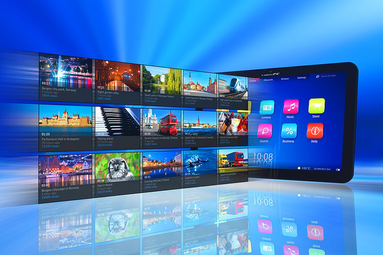 Conceptual online tablet PC and media stream on blue abstract background
