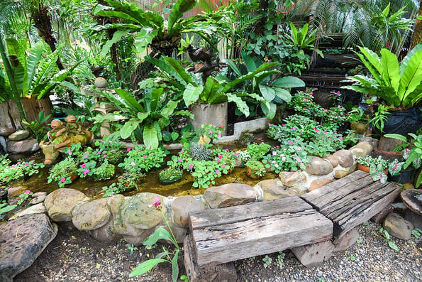 Water stream or Small waterfall decorate front yard / nature garden with plant tree flowers in the asian with a pond