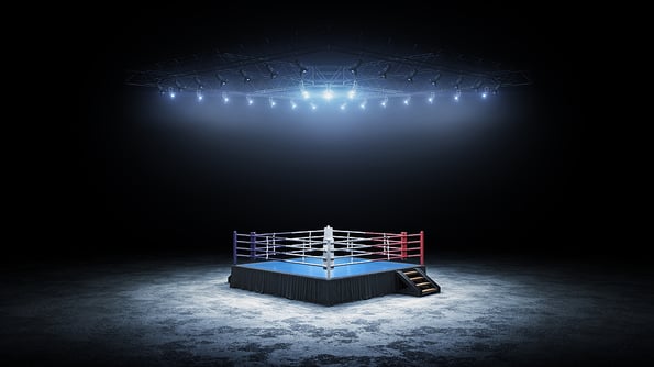 3D boxer arena. Isolated empty boxing ring with light. 3D rendering. Boxing ring with illuminated spotlights