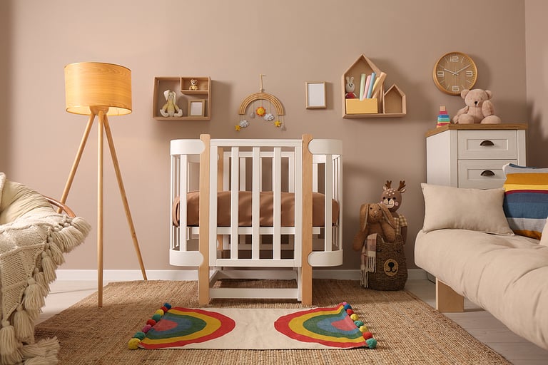 Baby room interior with stylish furniture and comfortable crib
