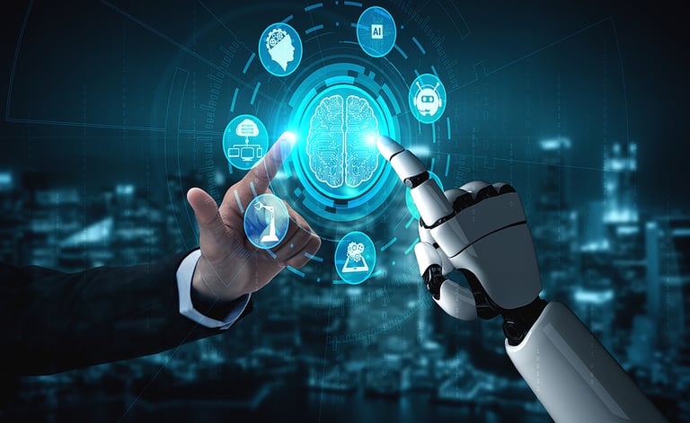 3D rendering artificial intelligence AI research of robot and cyborg development for future of people living. Digital data mining and machine learning technology design for computer brain.