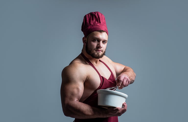 Feels Hunger. Food For Athletes. Sexy Man With Body Muscles In C