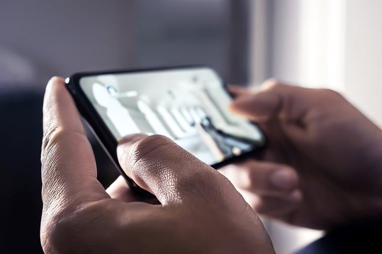 Mobile game in phone or live streaming video about fps gaming or esport. Gamer playing first person shooter online with smartphone. Man watching stream. Fun hobby and digital entertainment concept.