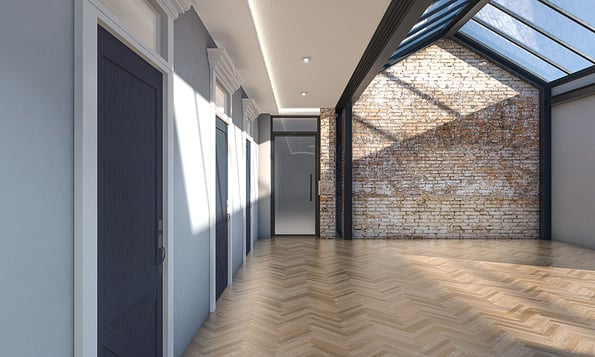 An interior of an empty office with windows a skylight and a facebrick feature wall in the daylight - 3D render