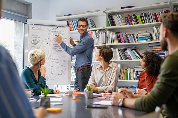 Confident businessman giving a presentation in casual office. Leader briefing his creative business team with annual goals. Mid business man training multiethnic businesspeople in conference room. Workplace.