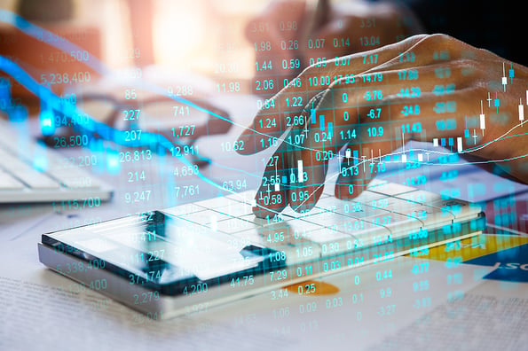 Stock market graph and business financial data on LED. Business graph and stock financial indicator. Stock or business market analysis concept. Business financial or stock market background. Business graph on stock market financial exchange
