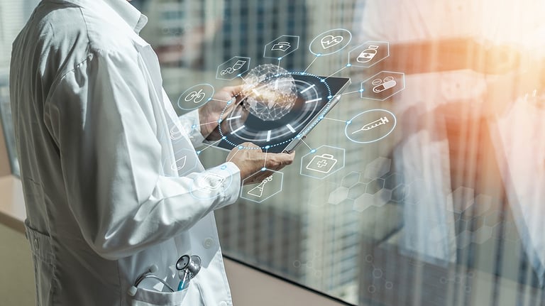 Medical tech research, innovative iot global healthcare ai technology with telehealth, telemedicine service concept with doctor analyzing online on EHR, EMR big data patient health record in hospital