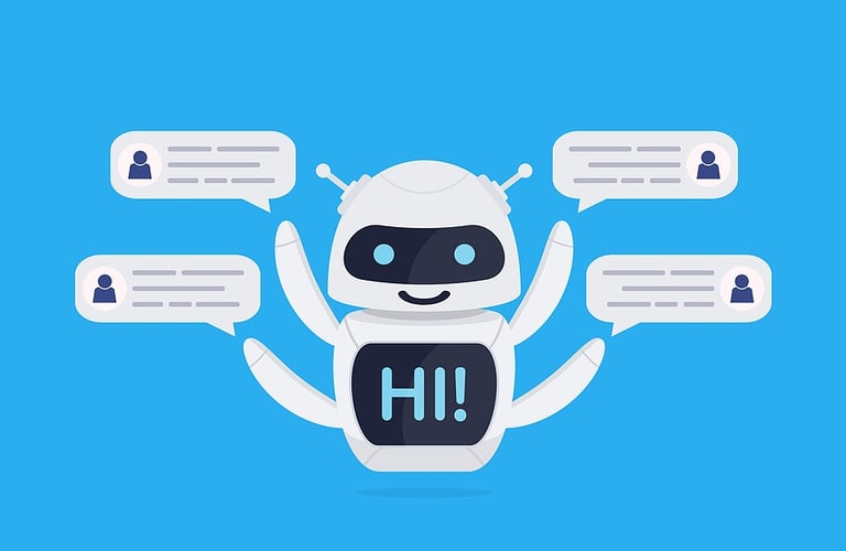 Chatbot robot concept. Cute bot say users Hi. Chatbot greets. Online consultation. Bot holds speech bubbles. Vector illustration in flat style