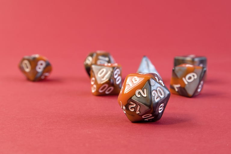 Set of dice for fantasy dnd and rpg tabletop games. Board game polyhedral dices with different sides on bright red background