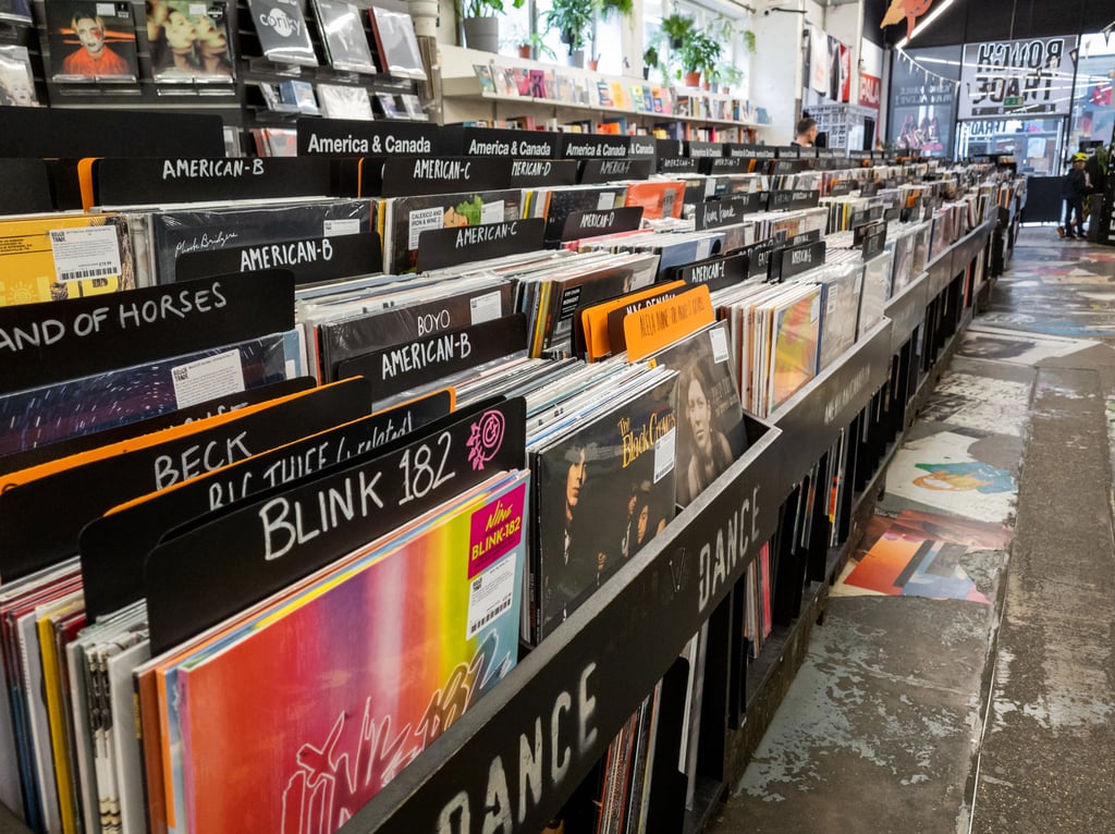 Vinyl records displayed in a record shop