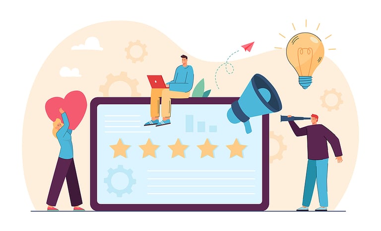 Company people studying analytics and customer feedback. SEO management, digital marketing flat vector illustration. Brand reputation, social media concept for banner, website design or landing page website blog site