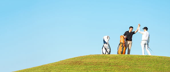 Group golfer sport course golf ball fairway. People lifestyle congratulation and shake hand after playing game golf tee of on the green grass. Asian man with friend player game shot in summer. Healthy and Sport outdoor, banner for copy space
