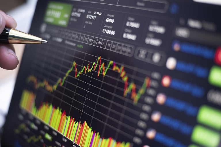 Stock Market monitor screen closeup on tablet with analysis while open market for trading sell and buy stock online. business economic and finance