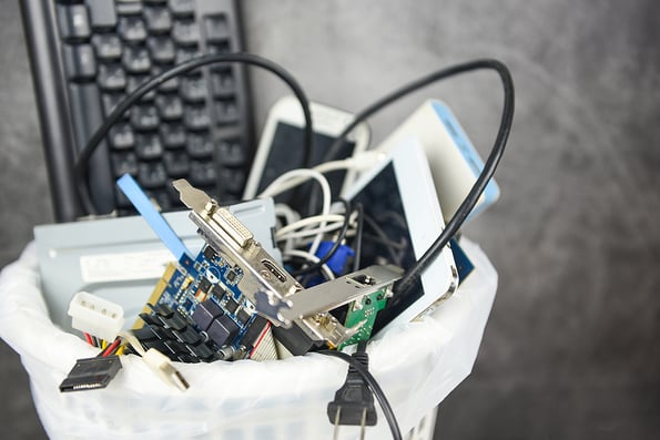 Electronics waste bin concept / Garbage electrical waste ready for recycling , Old devices E-waste disposal management reuse recycle and recovery