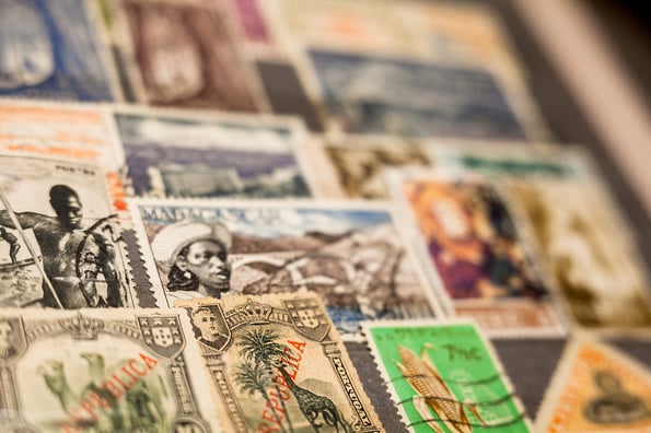 Kyiv, Ukraine - March 24, 2019: Collection of stamps of different countries in the album.