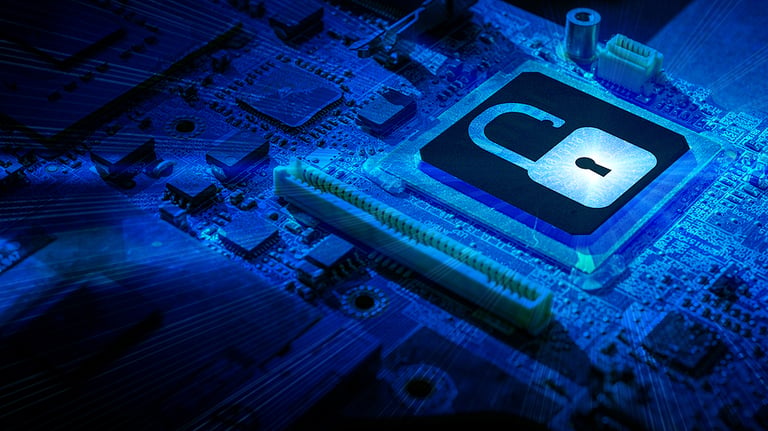 Safety computer. Network security technology with computer processor chip on digital motherboard background. Internet data privacy, cybersecurity protection concept.