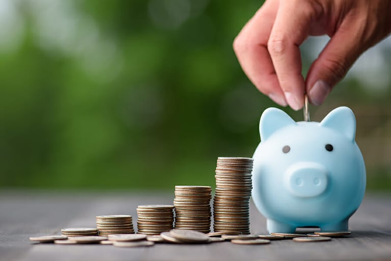 business finance and saving money investment , Money coin stack growing graph with hand putting coin on piggy bank saving concept. Balance savings and investment.