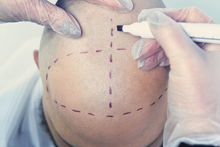 male baldness before and after treatment. portrait of a man with baldness problem at a hair transplant operation. Cosmetic surgery. the process of hair transplantation on the head.