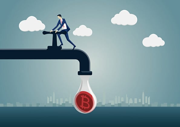 Bitcoin mining concept as vector illustration. Business man generating crypto-currency such as bitcoins.