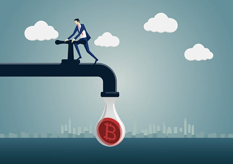 Bitcoin mining concept as vector illustration. Business man generating crypto-currency such as bitcoins.