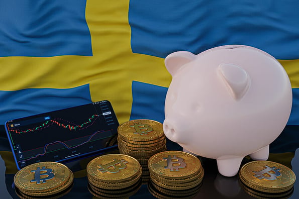 Bitcoin and cryptocurrency investing. Sweden flag in background. Piggy bank, the of saving concept. Mobile application for trading on stock. 3d render illustration.