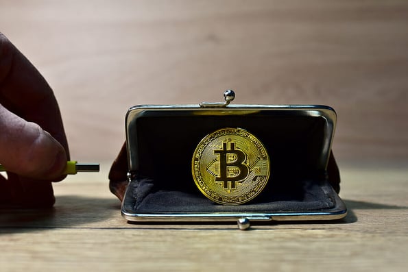 USB cable connects to crypto wallet. Crypto and bitcoin wallet concept. Cryptocurrency trading exchange. BTC mining and investing concept. Blockchain and financial technology.