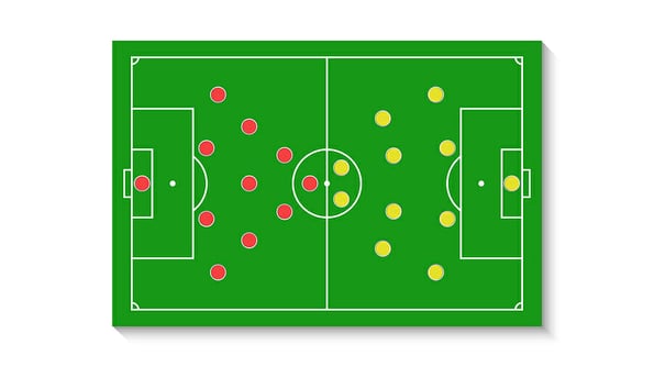 A green football field with a tactical scheme of the arrangement of players of two soccer teams on the board, organization of a game diagram for a fantasy league coach