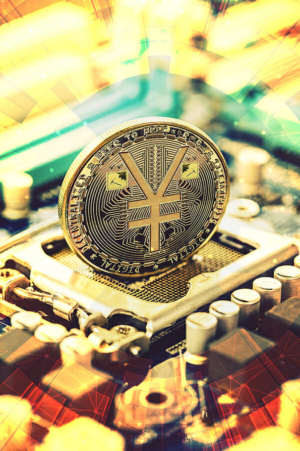 E-RMB gold coin, Chinese digital yuan, conceptual image of the digital version of the yuan. Chinese decentralized currency, on board and circuits