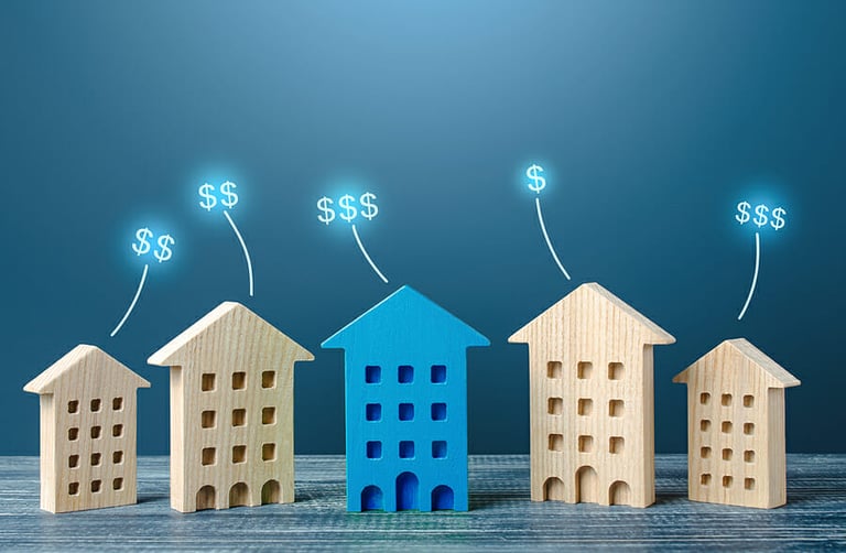 House prices on real estate market. Property valuation. Housing cost. Economy class, business and luxury. Increase value. Investment in foreign overseas real estate. Rental income. Taxes to the budget