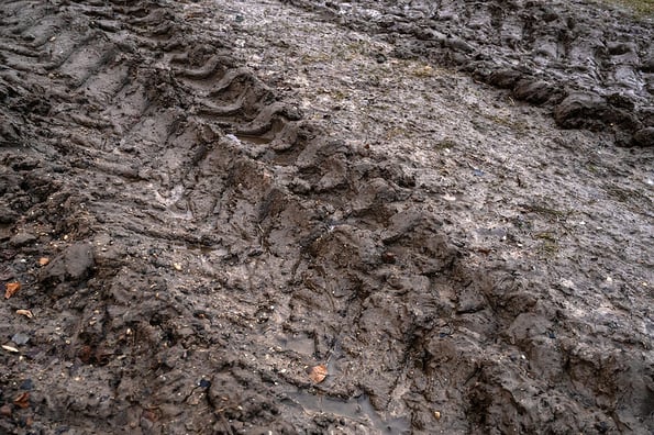 Close-up of tire tracks on muddy rural dirt road in late autumn. Off-road, wild dirt trail showing difficulties of moving people in rural areas during rainy season