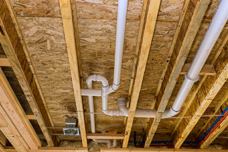 Under construction new bathtub house PVC waste water system rough plumbing bathroom drainage pipe and fitting complete